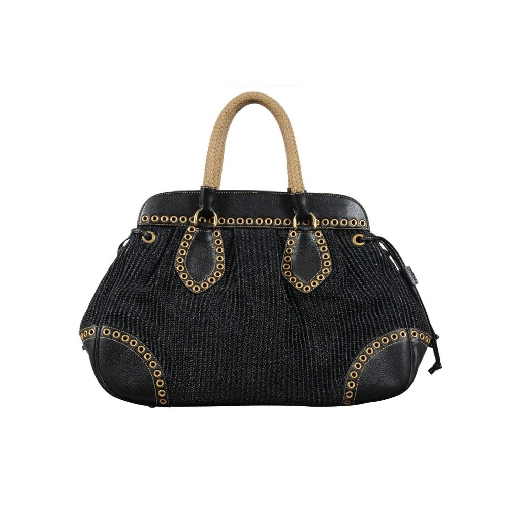 Prada Womens Paglia Vitello Daino Frame Satchel Shoulder Bag Black Woven Raffia - Picture 2 of 16
